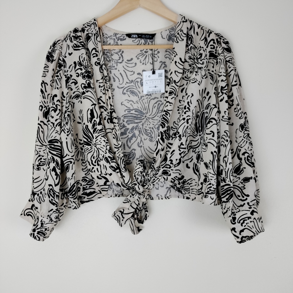 Zara Tie Front Size Large Puff Sleeve Linen Blend Black Floral Cropped Top